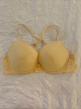 Ambrielle Pale Yellow Lace Underwire Padded Plunging Push-up Bra 36C